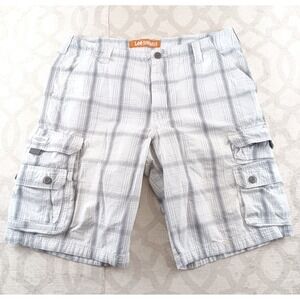 Lee Dungarees Men Plaid Cargo Shorts Size 34 White Blue Classic Fit Casual